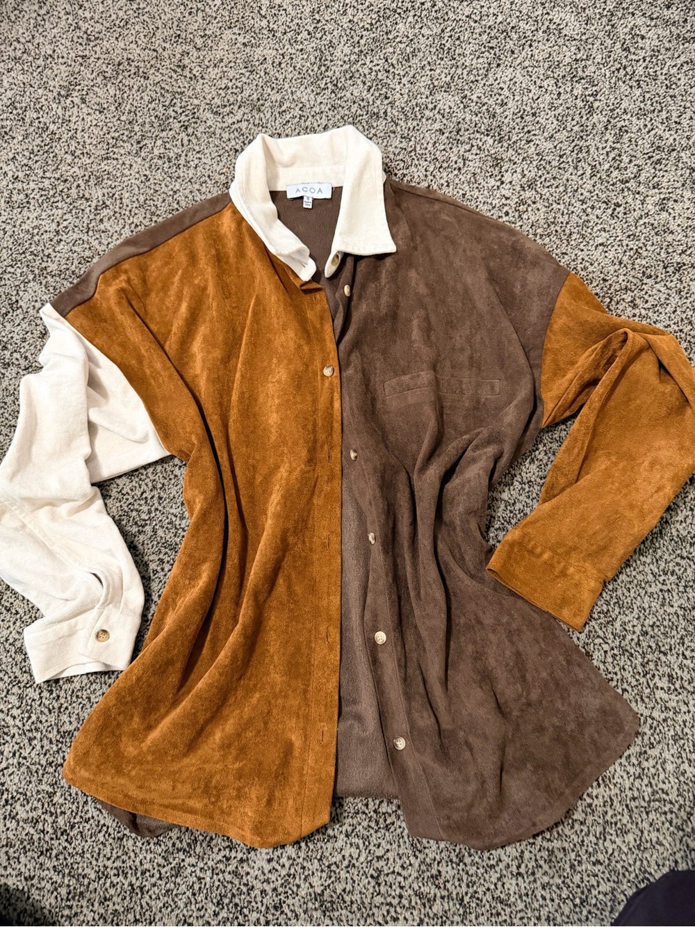 Buckle Three-Tone Suede Utility Jacket in Brown, Camel & Cream